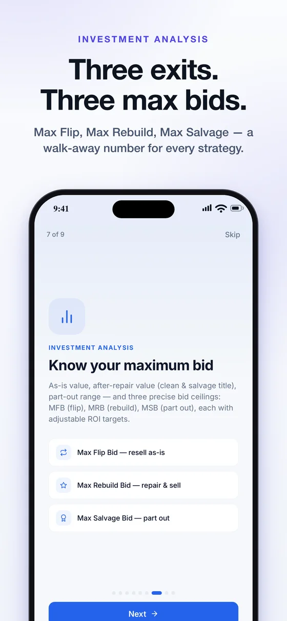 A walk-away number for every strategy. — example AutoEstimatePro iPhone app screen